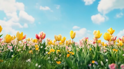 Obraz premium Vibrant Spring Tulip Field with Colorful Flowers Against Blue Sky