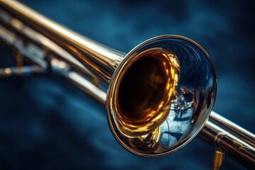 Fototapeta premium Close-up view of a polished brass trombone showcasing its intricate design against a blurred background