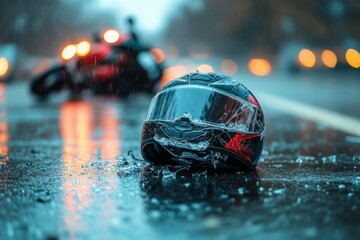 Shattered motorcycle helmet on rainy asphalt, suggesting a recent accident with a motorcycle out of focus in the background