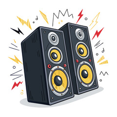 Create a bold, vector illustration of a pair of stereo speakers, emphasizing strong lines and impactful design.