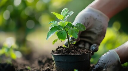 Hands planting young green seedling in black pot with gloved care
