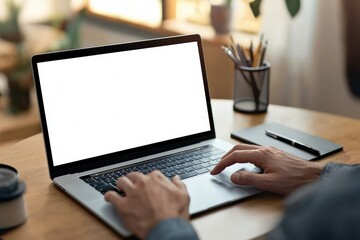 Business professional working on laptop with blank screen in home office