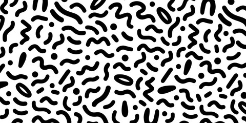Hand-drawn black and white seamless squiggle pattern in memphis retro style background