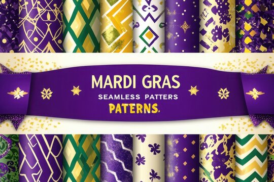 Display of Mardi Gras themed seamless pattern designs in purple on isoleted white background