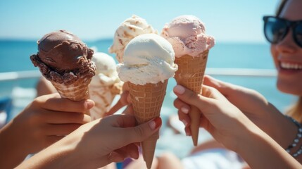 Friends enjoy joyfully sharing ice cream cones by the seaside, celebrating a sunlit, carefree day.