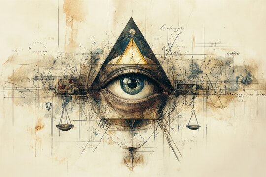 Eye representing vigilance and knowledge, surrounded by geometric shapes, architectural plans and justice scales, creating a mystical atmosphere