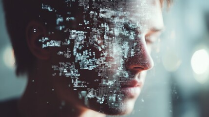 A digital face in pixels merges reality and technology, representing the intertwining of human identity with the digital world in a modern context.