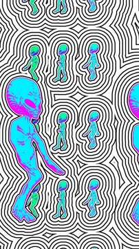 Seamless loopable vertical video  animation of cartoon walking aliens with strokes effect