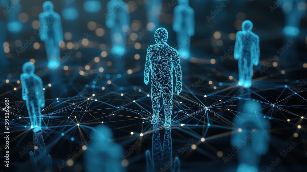 Poster a digital representation of interconnected human figures in a network, symbolizing connectivity and 