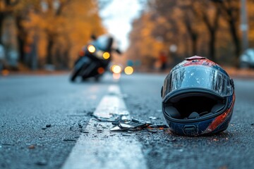 Scratched motorcycle helmet and debris on asphalt, with blurred motorcycle in background, suggesting road accident