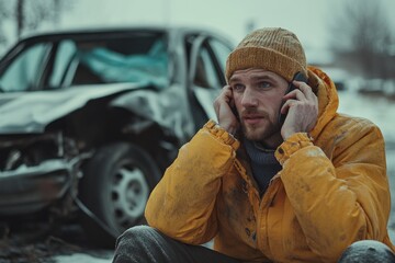 Driver making phone call after dangerous car accident on winter road