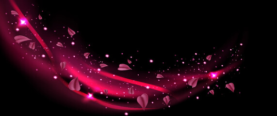 Pink fresh air or wind effect with leaves on transparent background. Vector realistic illustration with sparkling particles, sakura petals, romantic vortex, spring leaves