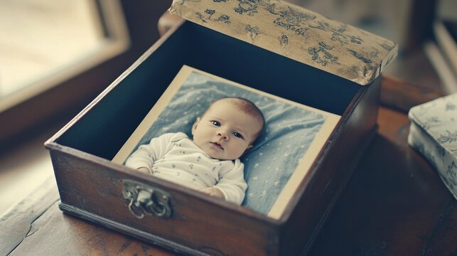 Caucasian baby in wooden box with blue blanket and floral lid