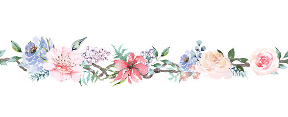 Seamless flower border.Floral pattern with leaf and rose.Botanical floral rim suitable for decoration cards, invitation wedding.