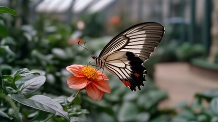 A vibrant butterfly perches delicately on a bright orange flower, set against lush greenery in a greenhouse setting.