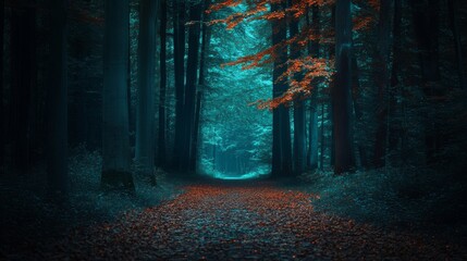 A forest path carpeted with orange-red leaves leads into a vibrant, shadowy corridor, inviting exploration as daylight gently fades.