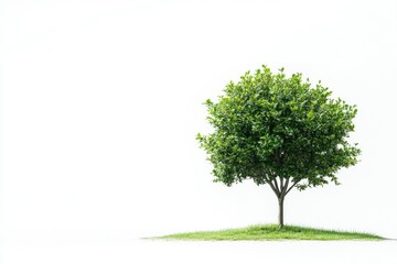 Isolated Green Tree Standing on Grassy Knoll Against White Background