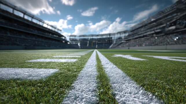 Perspective of football field. Football stadium with white lines marking the pitch. Perspective elements.Ragby football field with white lines marking the pitch. 3d illustration.
