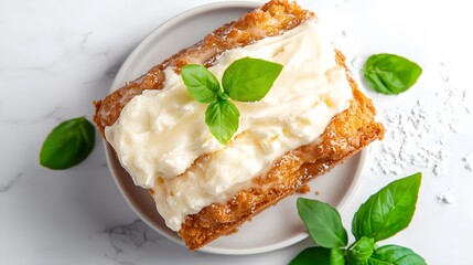 A delicious slice of moist pound cake is topped with a creamy vanilla frosting and garnished with fresh basil leaves on a minimalist plate.