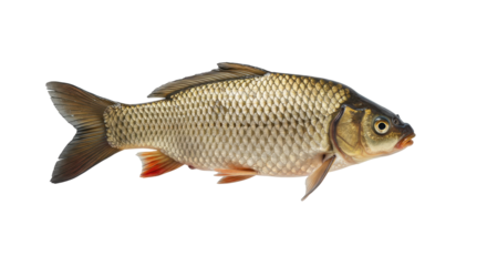 A detailed close-up of a silver fish swimming gracefully in clear water, showcasing its scales and fins