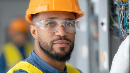 Electrician in Safety Gear Working with Electrical Components