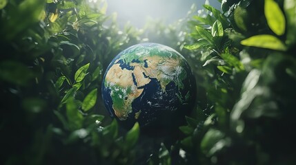 Earth Globe Encircled by Vibrant Greenery, Symbolizing Global Environmental Harmony and Sustainability