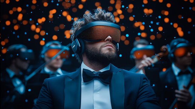 Man in Tuxedo Enjoys Virtual Reality Concert Experience with Headphones