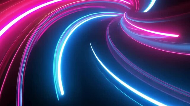 Vibrant neon lights swirl in dynamic pattern of pink and blue, creating energetic atmosphere filled with movement and mesmerizing visual effects.