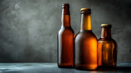 Three beer bottles of varying sizes sit on a dark gray surface against a textured gray background.