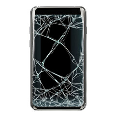 Broken Screen Smartphone: A close-up, detailed shot of a smartphone with a shattered screen, highlighting the damage and the intricate pattern of the cracks