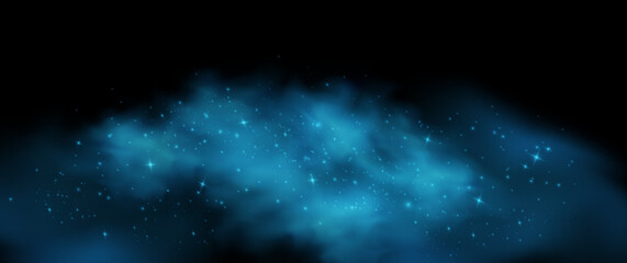 Obraz premium Fantastic blue smoke background. Blue fog with stars and small glowing particles. Vector