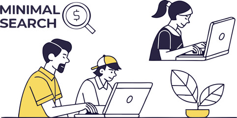 SEO search cartoon vector illustration of a person sitting at an office desk working on a laptop for business