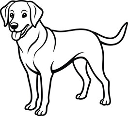 A black-and-white cartoon of a standing dog with floppy ears, a happy expression, and its tongue out, on a white background.