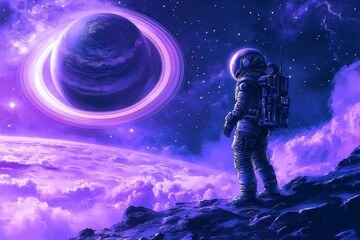 Naklejka premium Astronaut gazing at a vibrant purple planet with rings, amidst a cosmic nebula in deep space