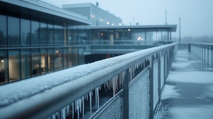 Fototapeta premium Icicles hang along a modern building's cold steel railing, casting reflections on a frosty winter morning.