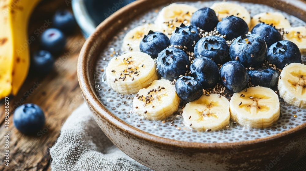 Poster chia seed pudding with banana and blueberries in a bowl.