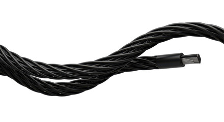 Close-up of a twisted black cable showcasing its texture and design against a plain background