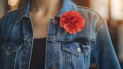 A red carnation on a worker's jacket symbolizes labor pride and resilience, set against a warm industrial backdrop.