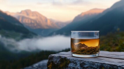 A tumbler glass with golden liquid sits on a ledge, reflecting towering mountains at dawn, blending serenity and indulgence in nature.