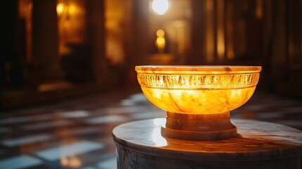 Glowing ancient artifact on marble pedestal, intricate details in soft light, timeless elegance in museum setting.