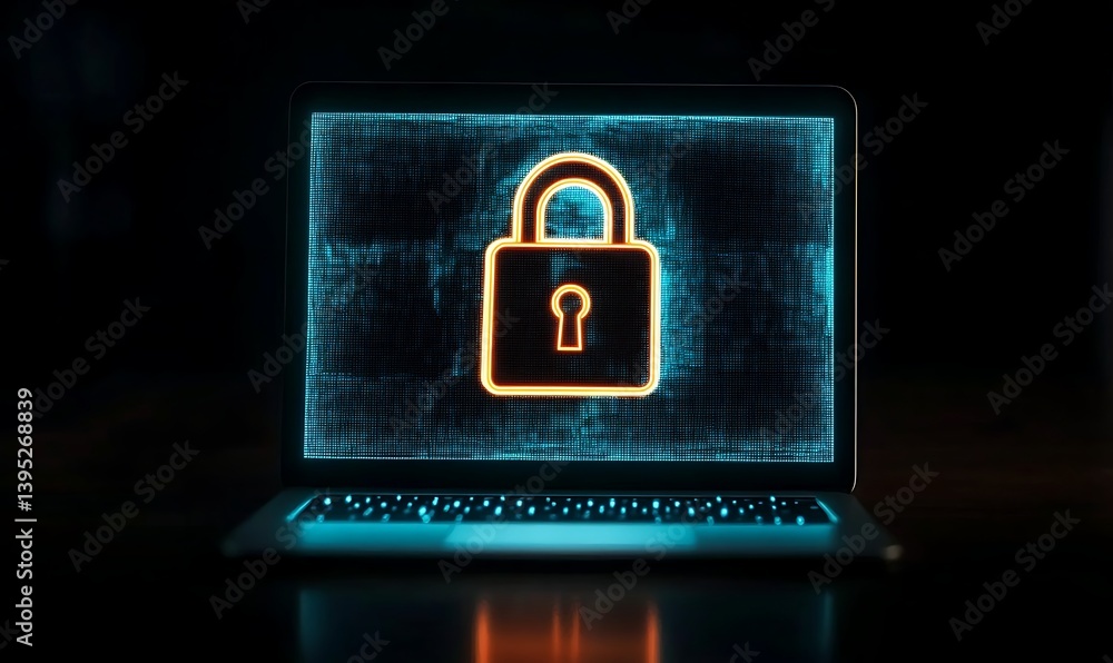 Poster a glowing padlock symbol on a laptop screen represents digital security and encryption in a dark env