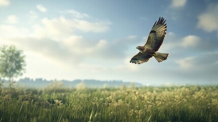 Obraz premium majestic hawk soaring over serene meadow landscape