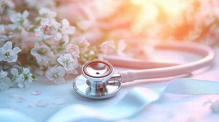 Nurse's stethoscope with white flowers and blue ribbons, symbolizing care and dedication on International Nurses Day.