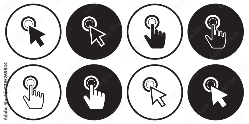 Aufkleber arrow and hands click icons. pointer vectors clicking. click mouse icon set with circle.