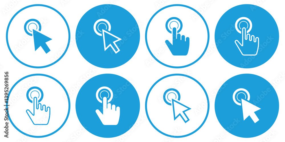 Aufkleber arrow and hands click icons. pointer vectors clicking. click mouse icon set with circle.