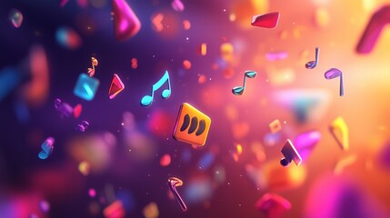 Floating media icons in vibrant digital space, symbolizing connectivity and innovation in a dynamic world.