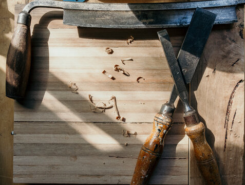 Wood working tools on a bench.