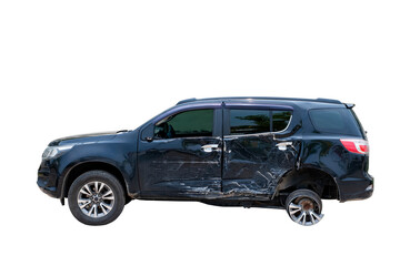 Car crash, Side view of modern black sedan car get damaged by accident on the road. damaged cars after collision. isolated on transparent background, PNG File