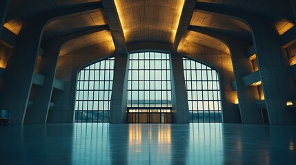 Modern Concrete Hall with Glowing Windows, Abstract Architectural Space