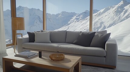 Minimalist living room with gray sofa, wooden coffee table, and rattan lamp, embodying modern simplicity and natural elegance.